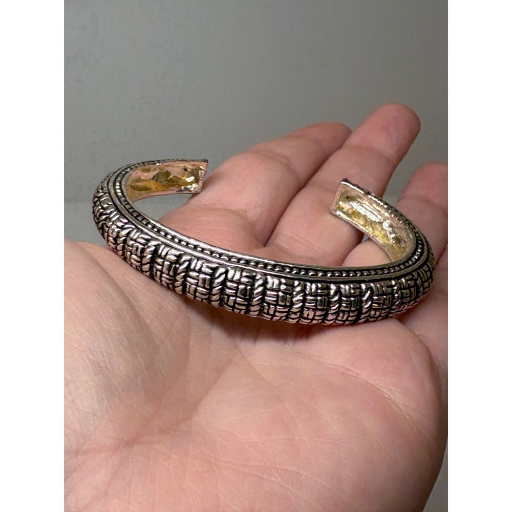 Silver Tone Basket Weave Textured Open Cuff Bracelet Oxidized Boho